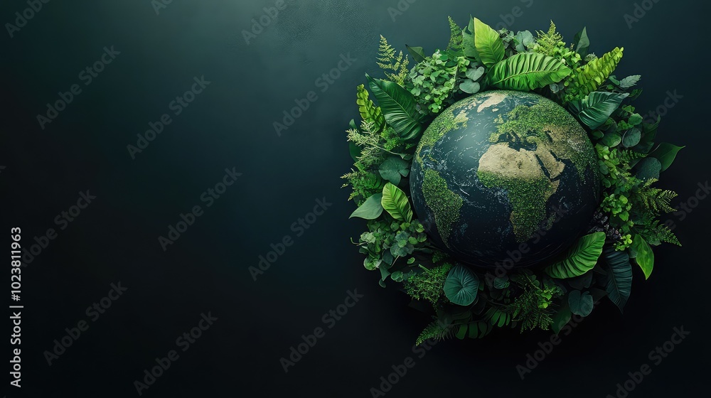  3D illustration of Earth globe with arrows made from leaves and plants