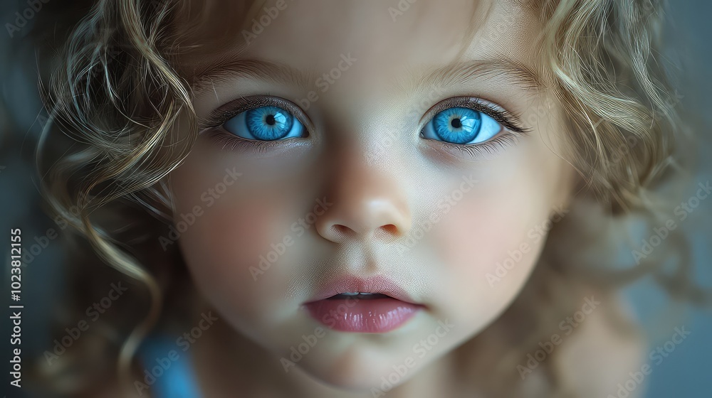 Innocent and serene close-up portrait of a little girl with blue eyes and curly hair Innocent and serene close-up portrait of a little girl with blue eyes and curly hair