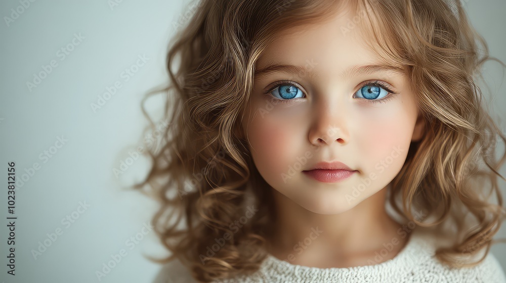 Innocent and serene close-up portrait of a little girl with blue eyes and curly hair Innocent and serene close-up portrait of a little girl with blue eyes and curly hair
