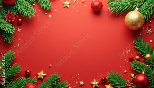 Christmas sparkles and other stuff on Solid gold color background, Christmas Frame for Greeting Posters, Cards, Banners and Invitations with Copy Free Space.