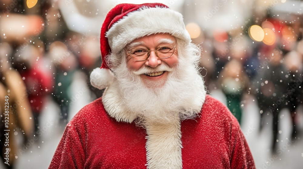 A cheerful Santa Claus spreading joy in a snowy festive street with blurred background and holiday lights. A cheerful Santa Claus spreading joy in a snowy festive street with blurred background and holiday lights.