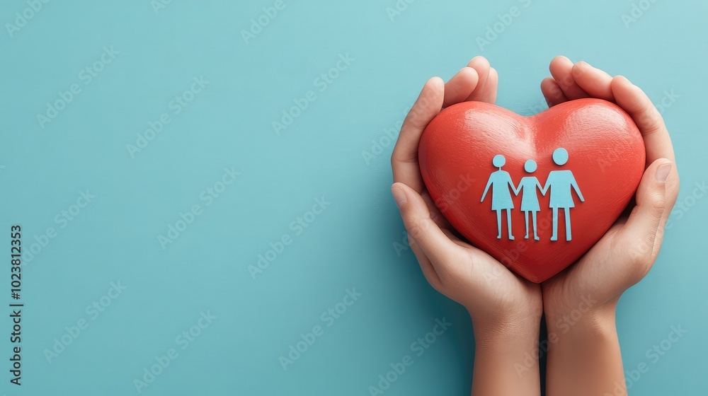 Heartfelt image of hands holding a heart-shaped cutout with family figures on a blue background Heartfelt image of hands holding a heart-shaped cutout with family figures on a blue background