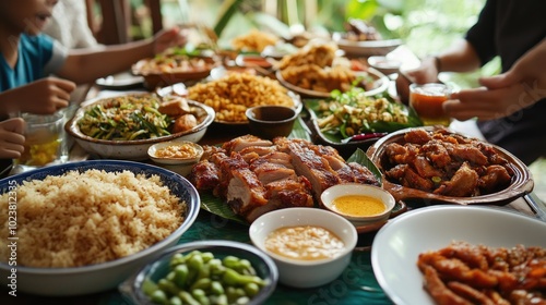 Festive Table Spread with Delicious Asian Dishes