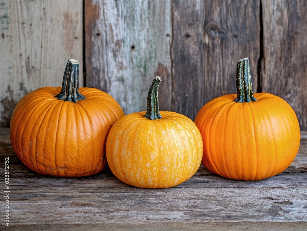 Three Pumpkins on Rustic Wooden Surface Three Pumpkins on Rustic Wooden Surface