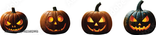 Four pumpkins with different expressions, one of which is smiling. The other three are frowning