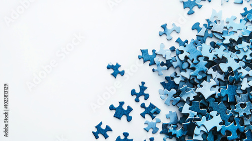 Unfinished blue puzzle pieces on white table background. Closeup. Empty place for text 