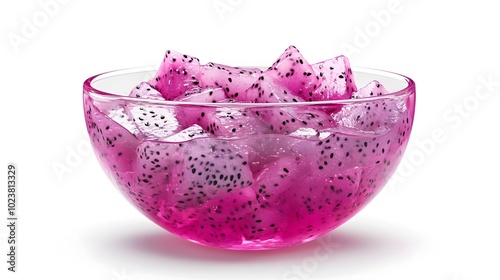 Refreshing dragon fruit cubes in a glass bowl on white background photo