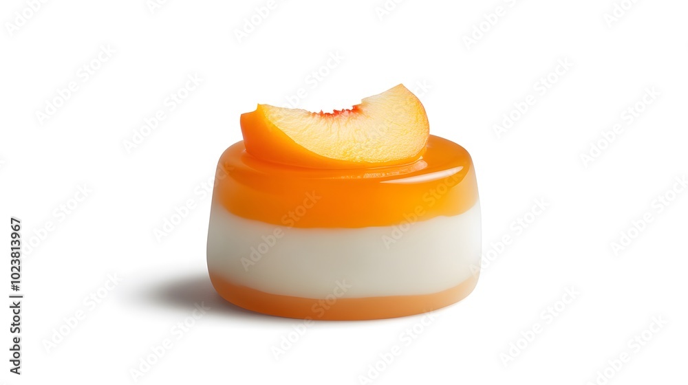 Peach jelly dessert with creamy layers on white background Peach jelly dessert with creamy layers on white background