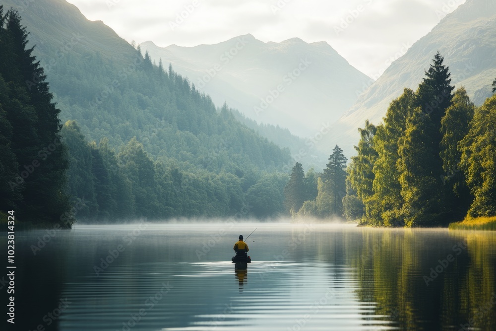 A tranquil moment in nature. A person fishes quietly on a calm lake surrounded by mountains and lush greenery. This serene landscape invokes peace and reflection. Generative AI A tranquil moment in nature. A person fishes quietly on a calm lake surrounded by mountains and lush greenery. This serene landscape invokes peace and reflection. Generative AI