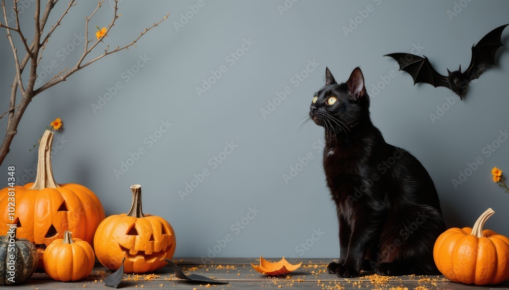 Halloween black cat and other stuff on Solid grey color background, Frame for Greeting Posters, Cards, Banners and Invitations with Copy Space Halloween black cat and other stuff on Solid grey color background, Frame for Greeting Posters, Cards, Banners and Invitations with Copy Space