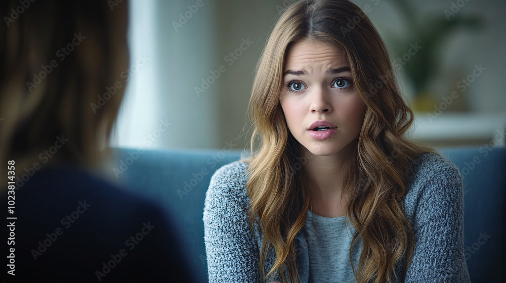 Fototapeta premium A young woman sits in a cozy room, looking concerned and slightly anxious as she engages in an intimate conversation, possibly recalling a traumatic event. The atmosphere is inviting and intimate,...