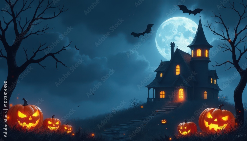 Halloween haunted house and other stuff on Solid navy blue color background, Frame for Greeting Posters, Cards, Banners and Invitations with Copy Space Halloween haunted house and other stuff on Solid navy blue color background, Frame for Greeting Posters, Cards, Banners and Invitations with Copy Space