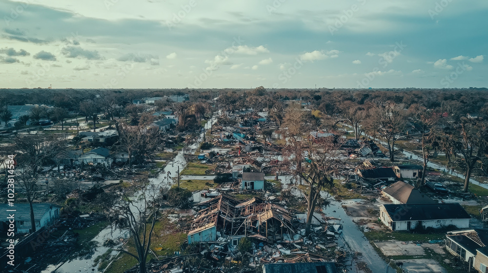 Fototapeta premium Aerial view of hurricane aftermath showing damaged homes and debris