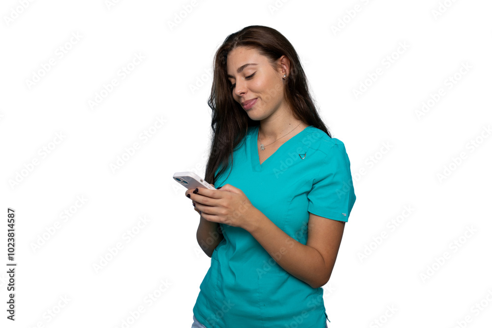Portrait of a young nurse in scrubs using a smartphone
