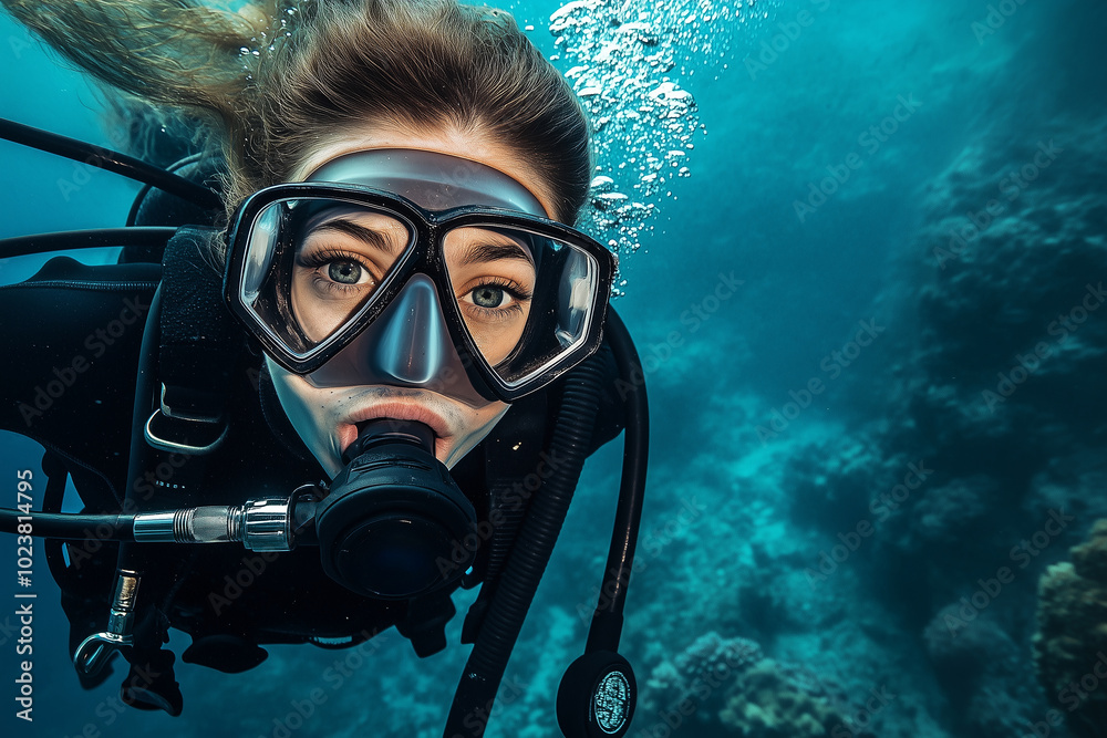Scuba diver underwater in the ocean, exploring coral reefs with a look of awe. Generative AI Scuba diver underwater in the ocean, exploring coral reefs with a look of awe. Generative AI
