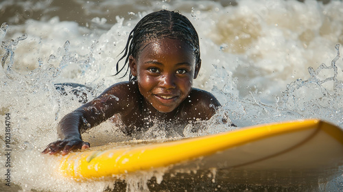 Young girl learning to surf on a yellow board with waves splashing around her photo