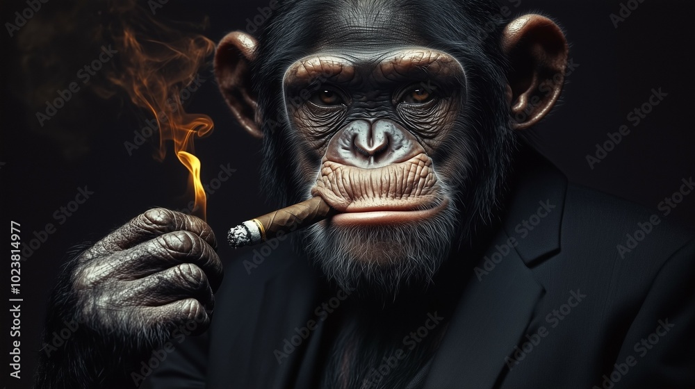 Anthropomorphic chimpanzee lighting a cigar, dressed in formal attire with a serious human-like expression Anthropomorphic chimpanzee lighting a cigar, dressed in formal attire with a serious human-like expression