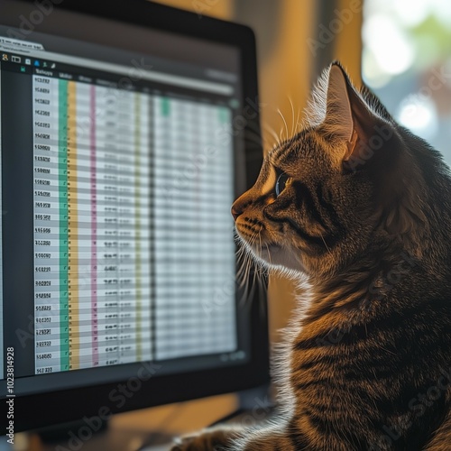 Curious tabby cat looking at a computer screen with a spreadsheet displaying data in a cozy indoor setting