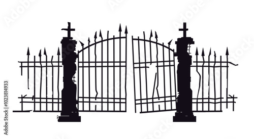 Broken gate illustration for spooky atmosphere. suitable for halowin and antique use