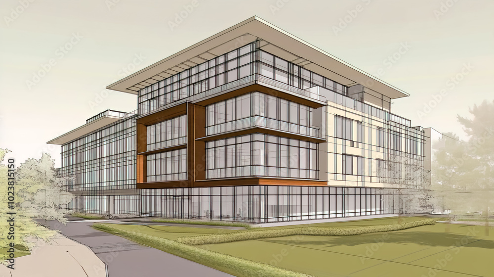 A 3D view of a 5-story building, featuring a modern architectural design with large windows and a clean, minimalist facade.
