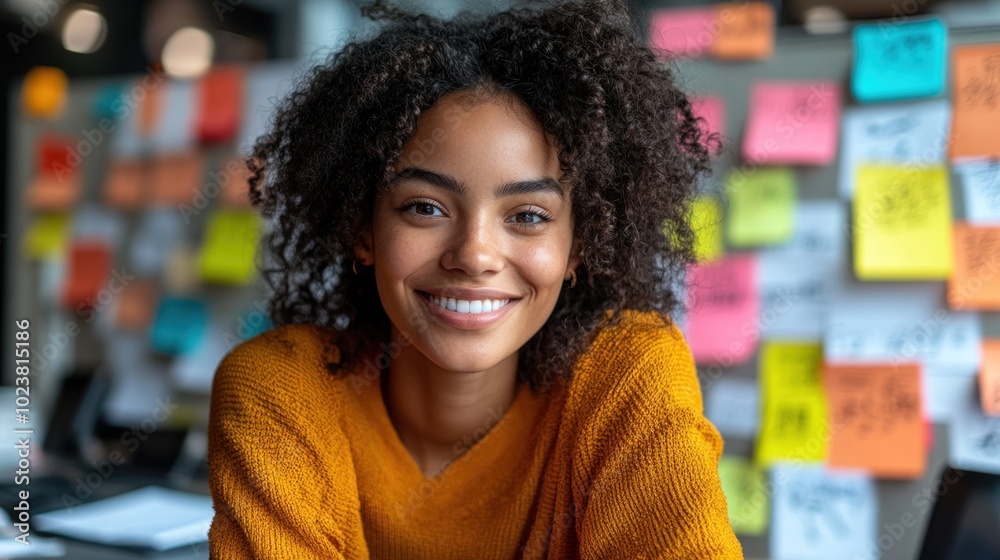 A cheerful young woman with curly hair wears an orange sweater while smiling at the camera in a vibrant workspace adorned with various sticky notes, creating an inviting atmosphere A cheerful young woman with curly hair wears an orange sweater while smiling at the camera in a vibrant workspace adorned with various sticky notes, creating an inviting atmosphere