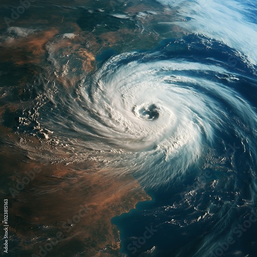 Satellite image of a powerful hurricane with a swirling eye over land and ocean showing intense weather patterns