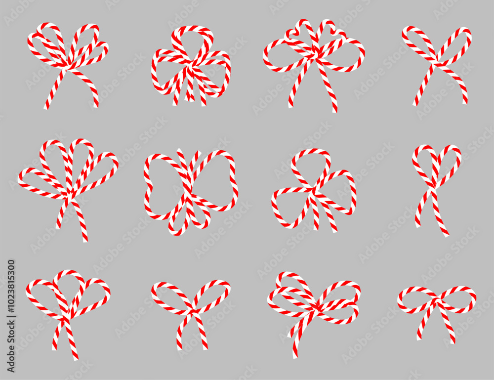 Fototapeta premium Set of cotton red white twine ribbon bows. Bowknot for package or letter. Elegant minimal style gift wrap for New year, Christmas