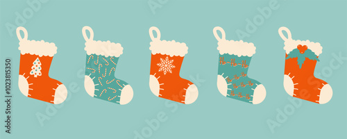 Set of winter Christmas socks. Elements of winter celebration with different designs