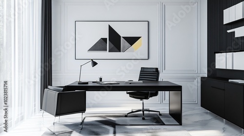 Contemporary home office with sleek furniture, natural lighting, and modern wall art, copy space