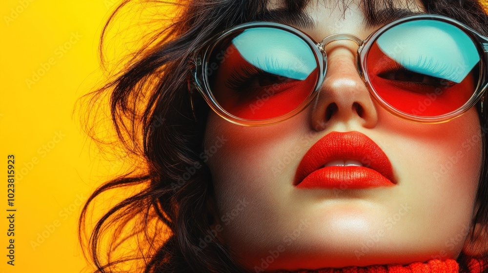 A woman showcases her fashion sense with striking red lips and round sunglasses, capturing attention with her confident pose against a bright yellow backdrop A woman showcases her fashion sense with striking red lips and round sunglasses, capturing attention with her confident pose against a bright yellow backdrop