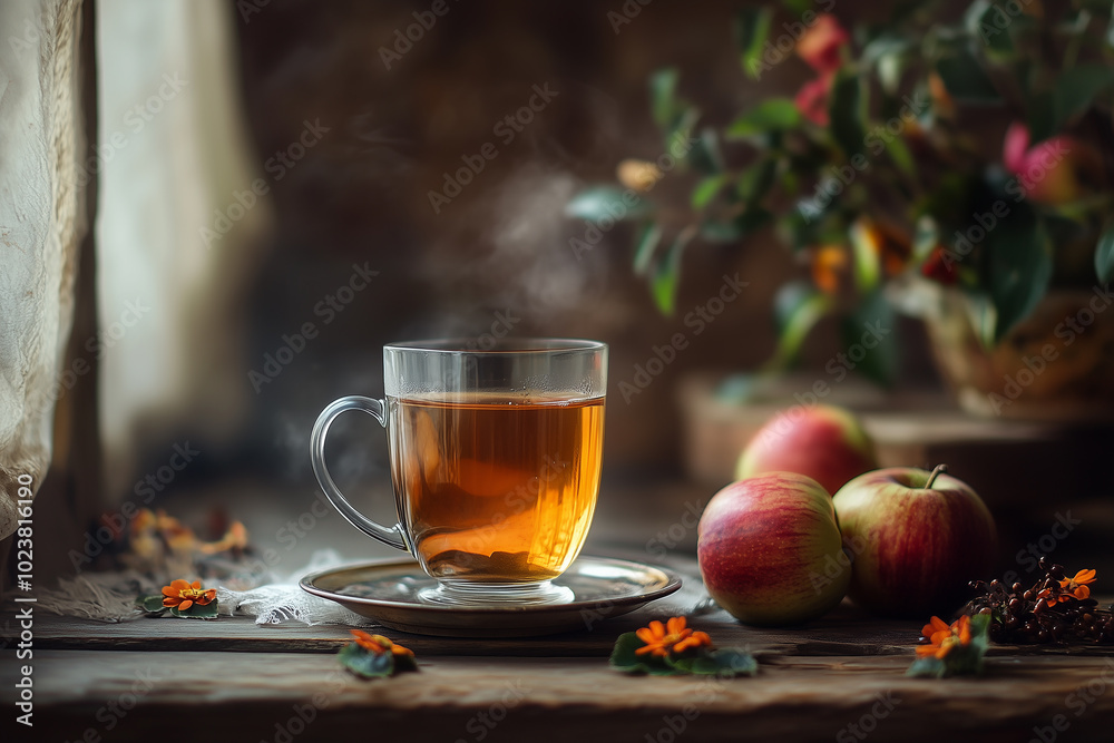 Steaming mug of apple cider o tea with a cinnamon stick and orange slice on a rustic wooden table Steaming mug of apple cider o tea with a cinnamon stick and orange slice on a rustic wooden table
