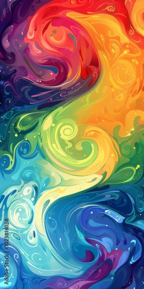 A colorful painting of a rainbow with a swirl of colors A colorful painting of a rainbow with a swirl of colors