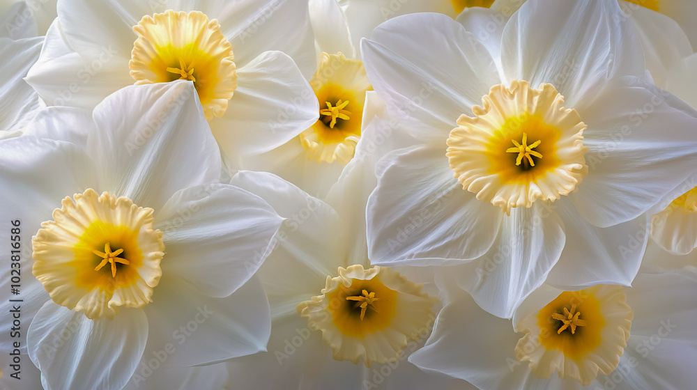 Obraz premium A close-up shot of white daffodils with pristine white petals and bright yellow centers, showcasing their large flower heads in full bloom.