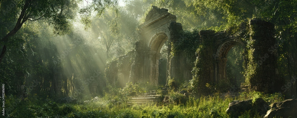 Ancient stone ruins overgrown with lush vegetation, set in a remote forest clearing with dappled sunlight filtering through the trees Ancient stone ruins overgrown with lush vegetation, set in a remote forest clearing with dappled sunlight filtering through the trees
