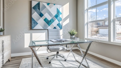 Contemporary home office with sleek furniture, natural lighting, and modern wall art, copy space