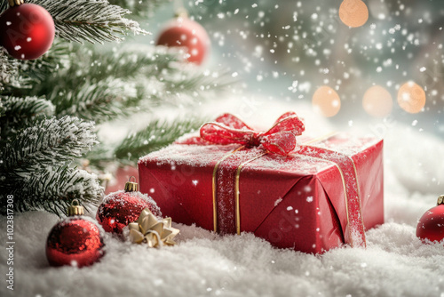 Red gift boxes with golden ribbons amidst falling snowflakes and winter decorations