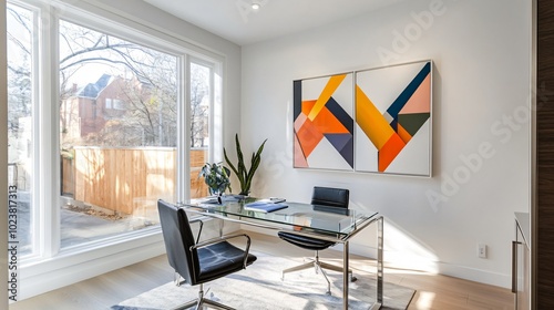 Contemporary home office with sleek furniture, natural lighting, and modern wall art, copy space