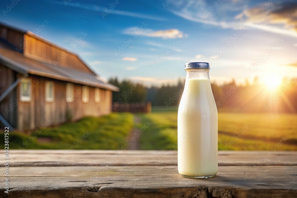 Minimalist milk bottle on farm background glass bottle Minimalist milk bottle on farm background glass bottle