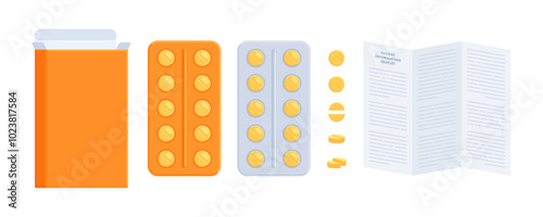 Set of yellow and orange pill packs with patient information leaflet. Healthcare, medicine, pharmacy, OTC drugs concept. Flat vector illustration isolated on a white background with copy space	
