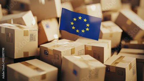 European Union flag among packages symbolizing international shipping logistics