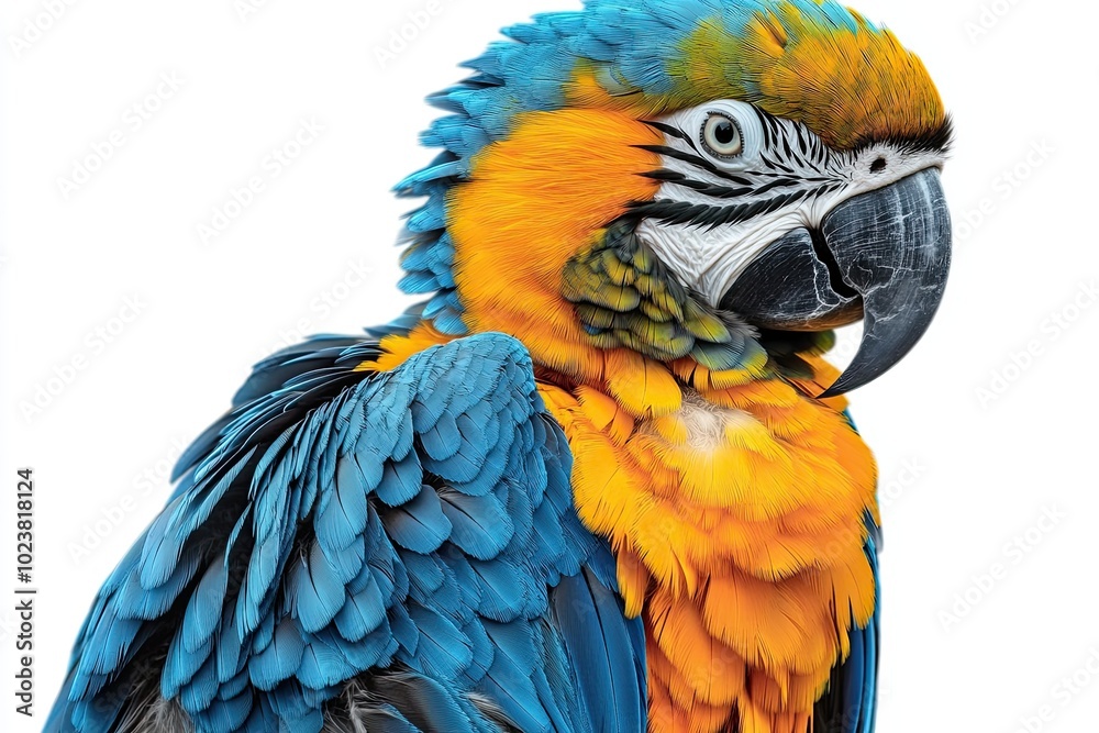 Vibrant Blue and Yellow Parrot Standing Beautifully Isolated on a White Background Vibrant Blue and Yellow Parrot Standing Beautifully Isolated on a White Background