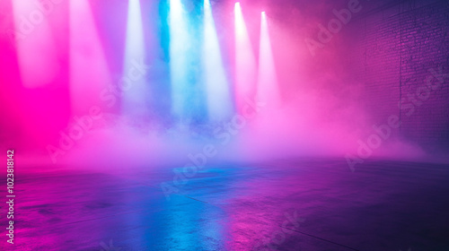 Neon Pink and Blue Stage Lighting with Fog and Brick Wall Background