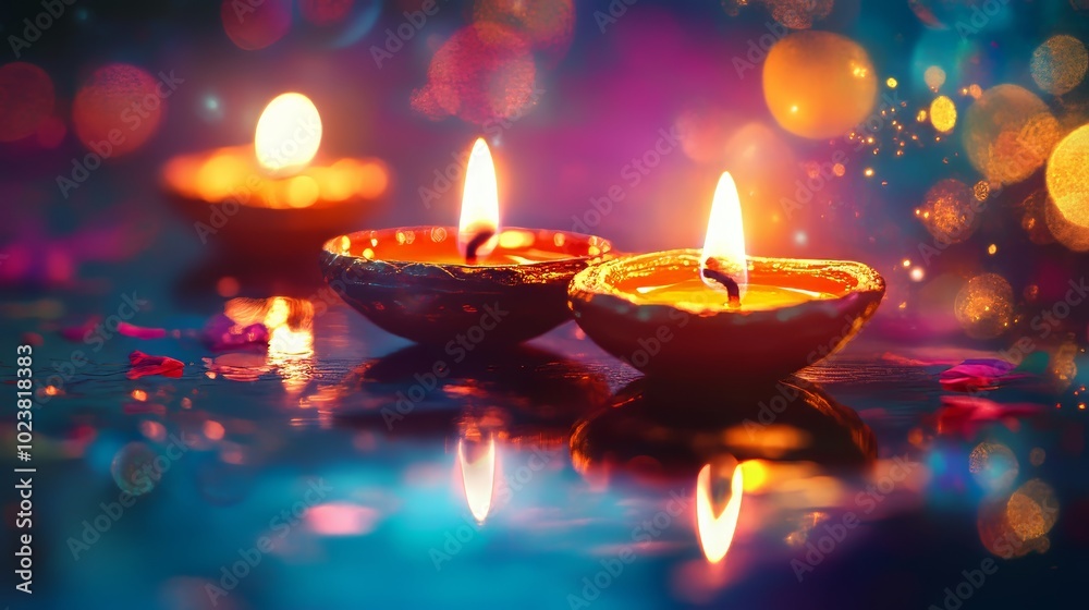 Abstract double exposure background of Diwali with colorful lights and festive elements.