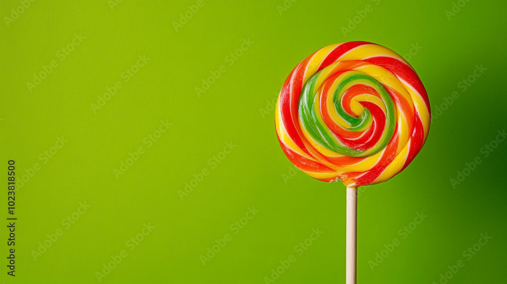 Colorful Swirled Lollipop on Green Background Colorful Swirled Lollipop on Green Background