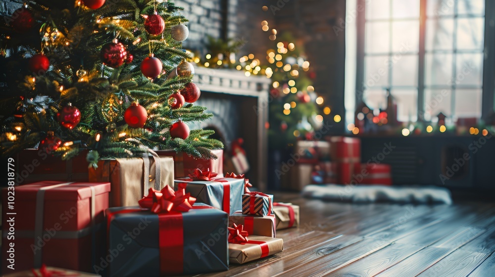 Festive christmas tree adorned with red baubles and gifts, radiating holiday warmth and cheer Festive christmas tree adorned with red baubles and gifts, radiating holiday warmth and cheer