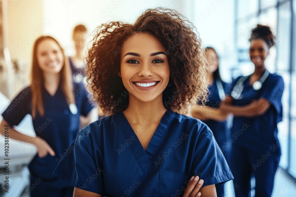 Fototapeta premium The image shows a young nurse intern standing with her team in a hospital, dressed in scrubs.