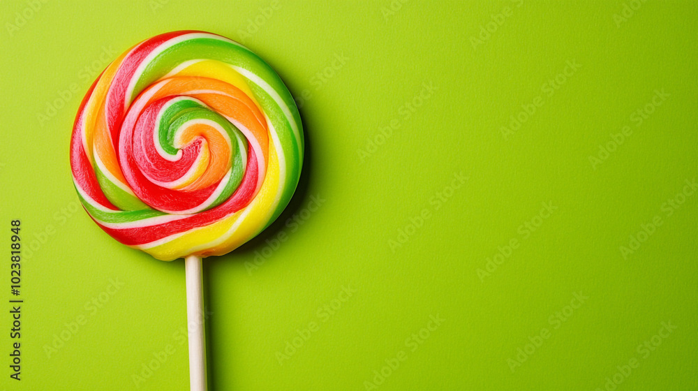 Colorful Swirl Lollipop on Green Background   Candy Sweet Treat Dessert