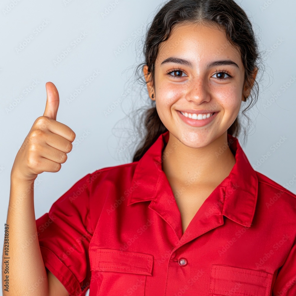 An employee of a fast food restaurant wearing a red uniform doing thumbs up against a transparent background. An employee of a fast food restaurant wearing a red uniform doing thumbs up against a transparent background.