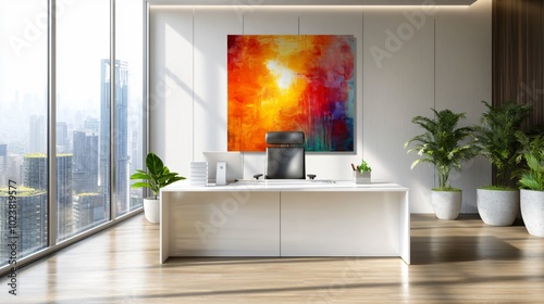 Contemporary home office with sleek furniture, natural lighting, and modern wall art, copy space