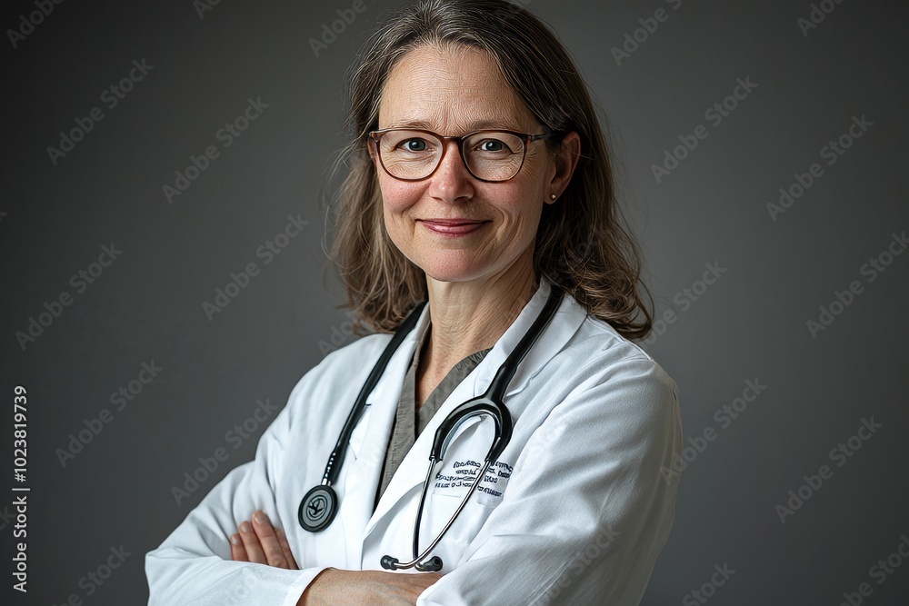 Smiley smiling doctor in white uniform standing with crossed hands on blue clinic backdrop Smiley smiling doctor in white uniform standing with crossed hands on blue clinic backdrop